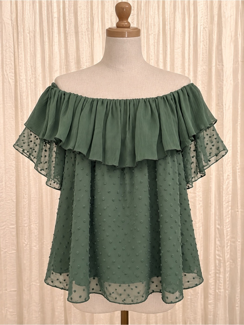 Off-Shoulder Ruffled Swiss Dot Top — Green